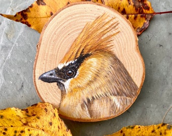 Cedar Waxwing painting on Birch wood, Songbird art wood slice, Cabin art, Bird lover gift, Bird decor, Wall art, Home decor birds
