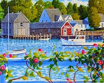 Maine Wall Art, Art Print, Lobster Boats, Morning Glories, Acrylic Painting, Rustic Wall Decor, Coastal Town, Maine Gifts, Maine Home Decor