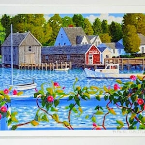 Maine Wall Art, Art Print, Lobster Boats, Morning Glories, Acrylic Painting, Rustic Wall Decor, Coastal Town, Maine Gifts, Maine Home Decor