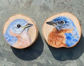 Miniature Bluebird Paintings, Original Art on Birch Wood, Acrylic Wildlife Painting, Painted Woodland Bird, Forest Art, Hand Painted, Nature