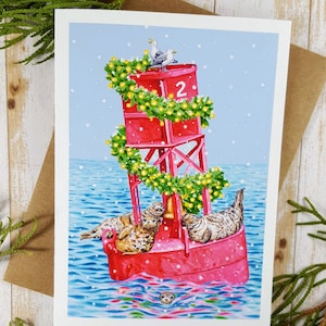 Funny Christmas Card, 10 Card Set, Seal, Buoy Bell, Maine, Nautical, Holiday card Set, Seagull Card, Note Cards, Christmas Cards