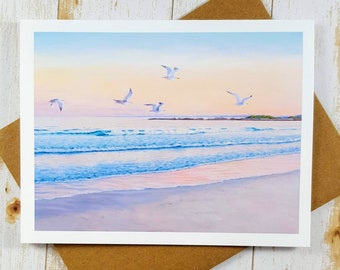 Sunset Painting Card, Seascape Greeting Card, Seagulls, Notecard, Ocean Art, Blank Card, Wave, Ocean Painting, Nature Painting, Cards, Beach