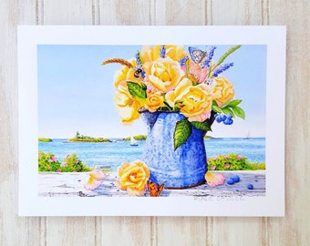 Rose Print, Coastal Print, Flower Painting, Ocean Painting, Yellow Rose Wall art, Coffee Decor, Living Room Art, Kitchen Art, Maine Art