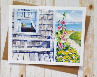 Maine Card, Maine Art, Watercolor Card, Maine Painting, Beach Cottage Art, Coastal Card, Hollyhock Card, Beach House, Watercolor Painting