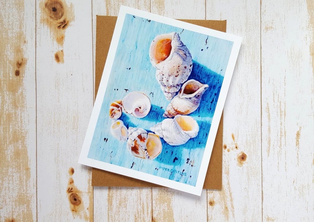 Shell Card, Beach Shell Art, Seashell Card, Blank Shell Card, Teal Card ...