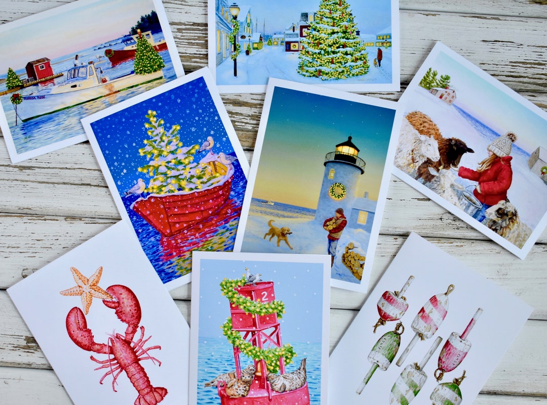 Coastal Christmas Cards, 8 Card Set, Nautical Christmas Cards, Prelude