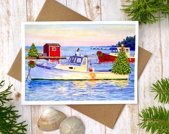 Coastal Christmas Card, 10 Card Set, Ocean Holiday Card, Rustic Boat Card, Lobster Boat Christmas, Maine Card, Maine Christmas