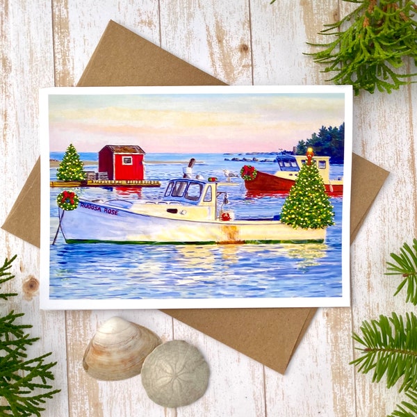 Coastal Christmas Card, 10 Card Set, Ocean Holiday Card, Rustic Boat Card, Lobster Boat Christmas, Maine Card, Maine Christmas