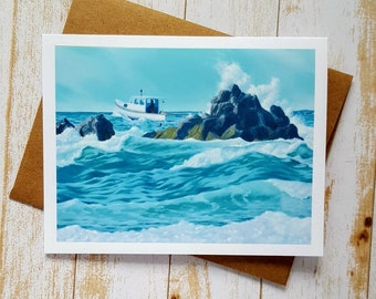 Coastal Note Card, Nautisch, Wenskaart, Kreeft, Boot, Maine, Vaderdag, Vaderdag Kaart, Surf Kaart, Maine Kreeft Boot Note Card