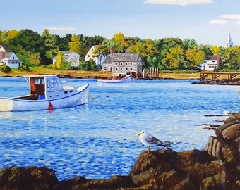 Maine Print, Ocean Print, Maine Coast, Nautical Print, Acrylic painting, Seagull Print, Coastal Wall Art, Ocean Harbor Print,  Coastal Decor
