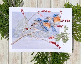 Bluebird Winter Holiday Card, Watercolor Birds, Winter Woodland Stationery, Christmas Card, Greeting Card Set, Bluebirds in Snow Note Cards