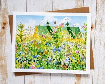 Wildflower Card, Butterfly Card, Barn Card,  Flower Card, Fine Art Card, Maine Art, Watercolor Painting, Summer Card, Maine Farm