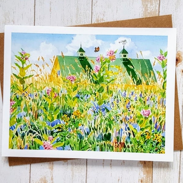 Wildflower Card, Butterfly Card, Barn Card,  Flower Card, Fine Art Card, Maine Art, Watercolor Painting, Summer Card, Maine Farm