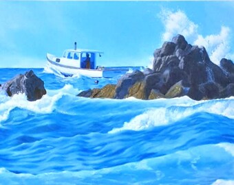 Maine Coast Painting, Fishing Boat Print, Maine Painting, Ocean Wave Wall Art, Maine Painter, Boat Print, Maine Artwork, Maine, Wave Art