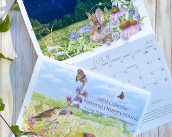 Nature Wall Calendar 2024, Watercolor Wildlife, Bird Paintings, Bird Lover Gift, Art Calendar, Maine Calendar, Nature and Wildlife Artwork