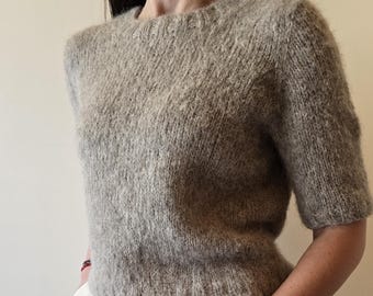 Suéter de alpaca y seda tejido a mano - Jersey mullido de manga corta, jersey de lana natural