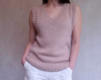 Knitted Vest with a V-neck, Vest Slipover, Dusty Pink Vest, Soft Sleeveless Vest, Female Knit Top, Loose-fit Vest, Casual Style, Size S