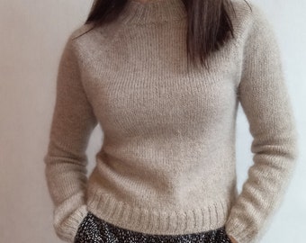 Luxurious Beige Raglan Sweater, Size S, Hand-Knit with Wool, Alpaca, Silk, and Mohair, Woolen Jumper, Women's Knitted Pullover, Gift for her