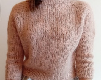 Jersey de seda de alpaca tejido a mano / Jersey ligero de manga tres cuartos / Beige de punto minimalista / Regalo para ella / Jersey Aila