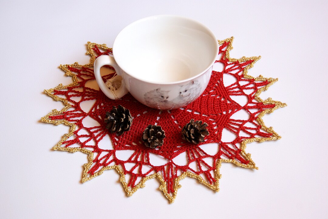 Red Lace Doily With Gold Trim Decorative Napkin With Golden Etsy