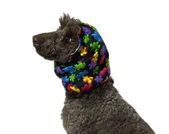 Dog Ear Snood S M L XL  Design Puzzled Waterproof Lining Long Ears Clean Eating Grooming Show Poodle Cavalier Hat Protect Allergy Grass Seed