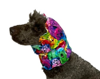 Dog Ear Snood S M L XL  Design Rainbow Dogs Waterproof Lining Long Ears Clean Eating Grooming Show Poodle Cavalier Protect Allergy Grass