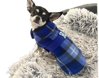 Small Dog Fleece Coat Blue Check - XXS XS S M L Warm Winter Jacket  Adjustable Australian Made Chihuahua Fox Terrier Pug Yorkshire Terrier