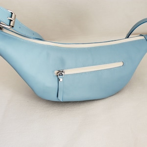 Half Moon Chest Bag ,Small Leather Bag,Light  blue banana Bag ,Leather Banana Bag,Leather sling bag, fanny pack, Half Moon Handbag