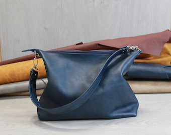 Leather shoulder bag with a zipper closure,crossbody  bag,dark blue ! Size L