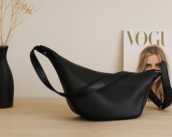 Black Leather Half Moon Bag: Handmade Real Leather Crescent Purse