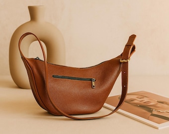 Embossed Leather Half Moon Chest Bag, Unisex Sling Bag, Adjustable Strap
