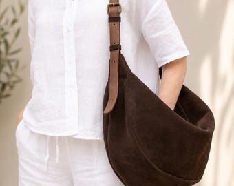Braune Wildleder Hobo Tasche, Halbmond Schultertasche, Große Slouchy Geldbörse, Handgefertigte Alltagstasche, Verstellbarer Lederriemen
