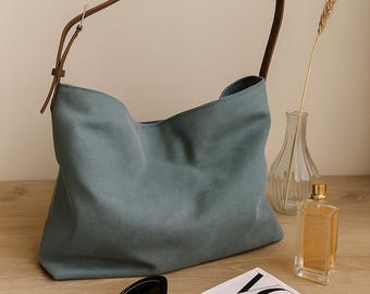Torba typu hobo w kolorze Dusty Blue Canvas, luźna torba na ramię, duża torba na co dzień, torba na skórzanym pasku, torba do pracy dla kobiet