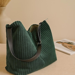 Corduroy Hobo Bag • Everyday Shoulder Bag • Canvas Tote with Leather Strap • Casual Purse for Women