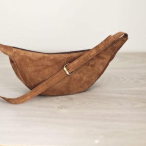 Unisex banana Bag ,Natural suede Leather Cognac , available in other colors ,Leather Banana Bag,Crossbody Bag,Leather sling bag fanny pack