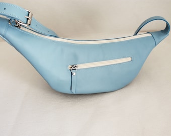 Hellblaue Unisex-Bananentasche, in anderen Farben erhältlich, Bananentasche aus Leder, Umhängetasche, Gürteltasche aus Leder, Halbmond-Handtaschen