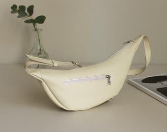 Beige banana Bag ,available in other colors ,Leather Banana Bag,Crossbody Bag ,Leather sling bag fanny pack, Half Moon Handbags