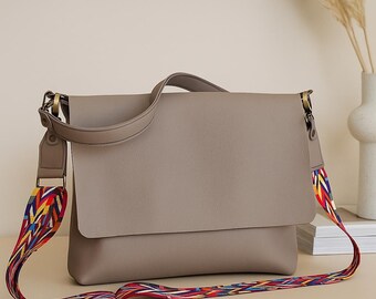 Handmade Spanish Leather Postman Crossbody Bag, Canvas Shoulder Bag
