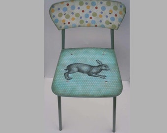 Upcycled Vintage School Chair Restored Kids Children Desk Chair Vintage Hare  Nursery Decor Hand-painted Decoupaged Blue Polka Dot Circles