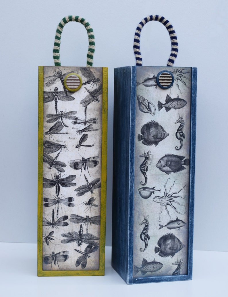 Wooden Wine Box Handpainted and Decoupaged Wine Holder Etsy UK