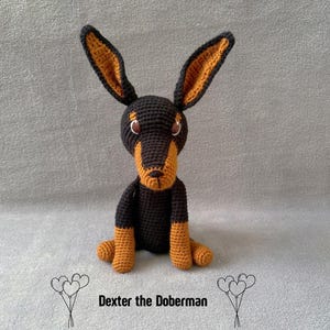 May include: A crocheted Doberman dog toy with black and tan yarn, featuring large upright ears, brown eyes, and a stitched nose. Below the figure, the text reads Dexter the Doberman, flanked by two line-art illustrations of three balloons.