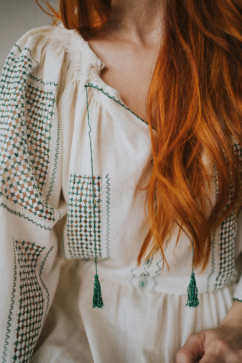 hand embroidered Romanian tunic IA Blouse Silver Fir