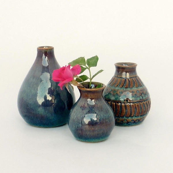 Set of three mini-vases stoneware, glazed blue brown