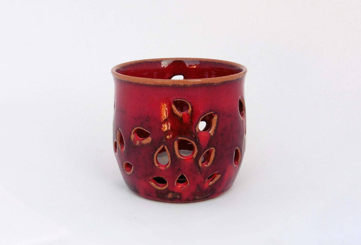 Photophore Rouge avec Décor Petites Gouttes, Céramique