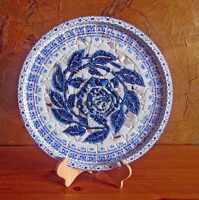 Round Mosaic Serving Tray White/blue Etsy