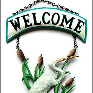 Painted Metal Art, Egret Welcome Sign, White Egret Metal Wall Art, Outdoor Metal Wall Decor, Garden Decor, Tropical Beach Decor -  K-160-CW