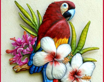 SCARLET MACAW, Outdoor Metal Wall Art, Painted Metal Art, Parrot Wall Hanging, Tropical Decor, Haitian Steel Drum, Metal Wall Art - K7401