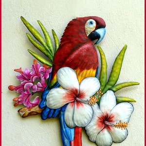 SCARLET MACAW PARROT, Outdoor Metal Wall Art, Painted Metal Art, Parrot Wall Hanging, Tropical Decor, Haitian Metal Wall Art - K7401