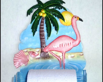 Toilet Paper Holder, Painted Metal Art  Flamingo, Bathroom Decor, Bathroom Toilet Tissue Holder, Tropical Decor, Metal Art- K261-TP