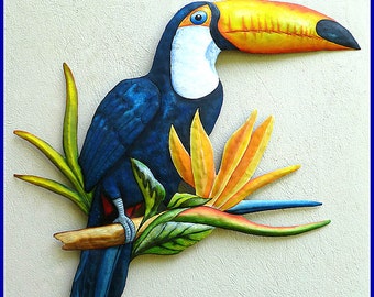 Toucan Art, Tropical Metal Art, Painted Metal Wall Art, Metal Art Work, Parrot Wall Hanging, Garden Decor, Tropical Decor, 22" x 26", K-7402